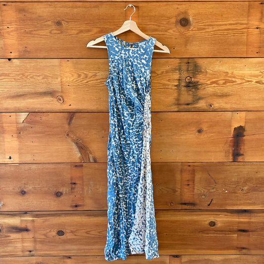XS - Rails Blue & Cream Sleeveless Gabriella Ruched Drawstring Midi Dress 0121MB