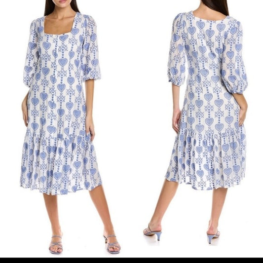 Johnny Was Blue White Embroidered Heart Motif Beau Midi Dress - Size XS - 0514CP