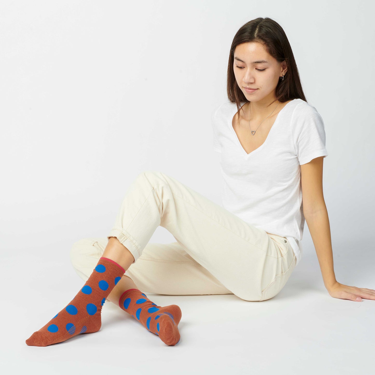 Panhandle Polka Dot Crew Socks, Brown and Blue: Small (Women's 4 - 10)