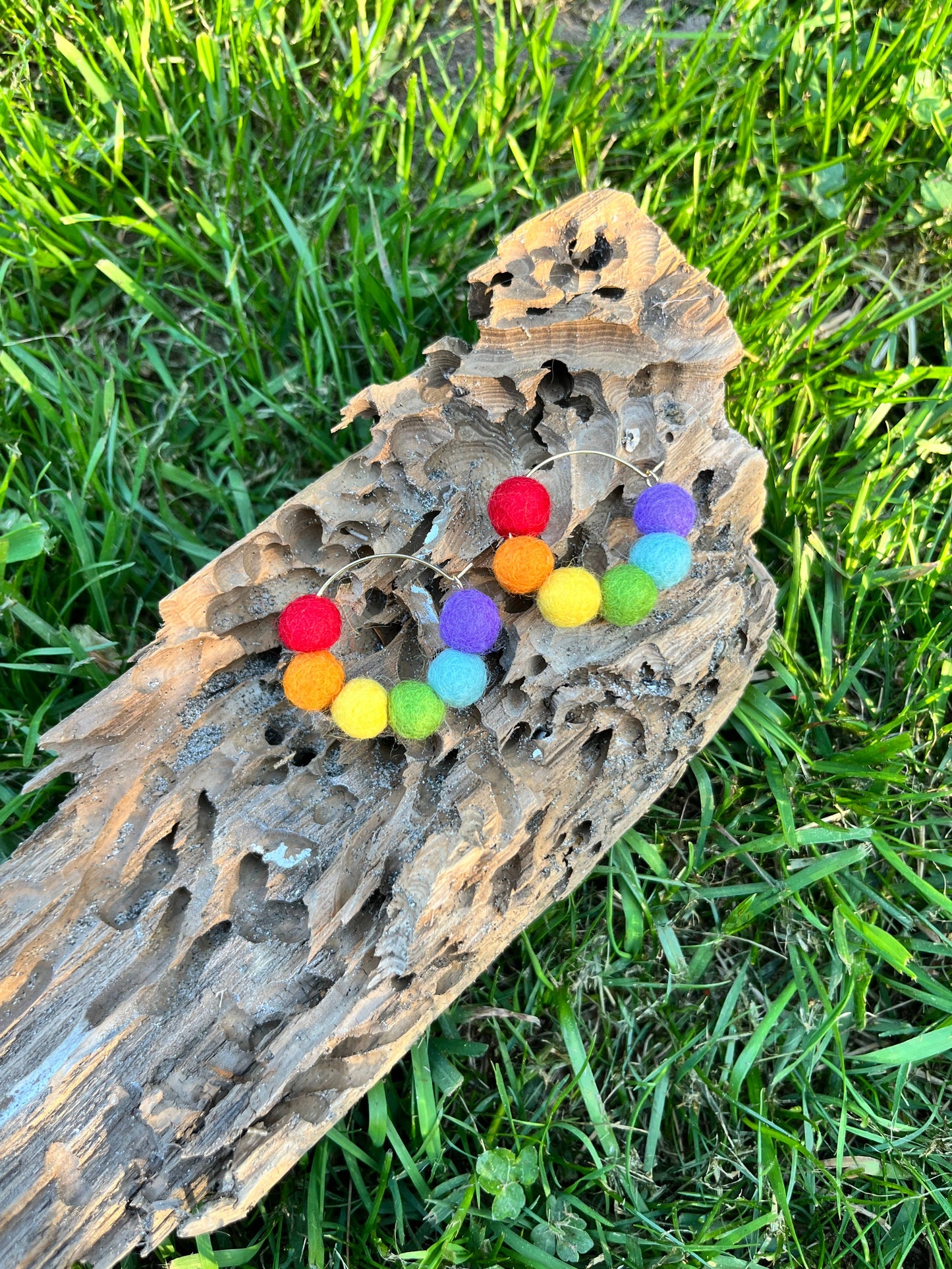 Rainbow Felt Ball Hoop Earring