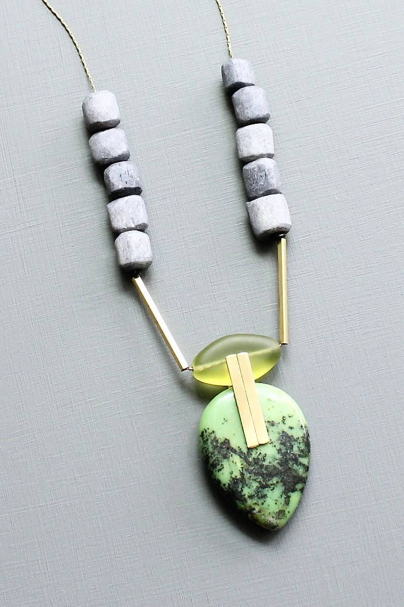 LEX124 Green jasper and glass geometric pendant necklace