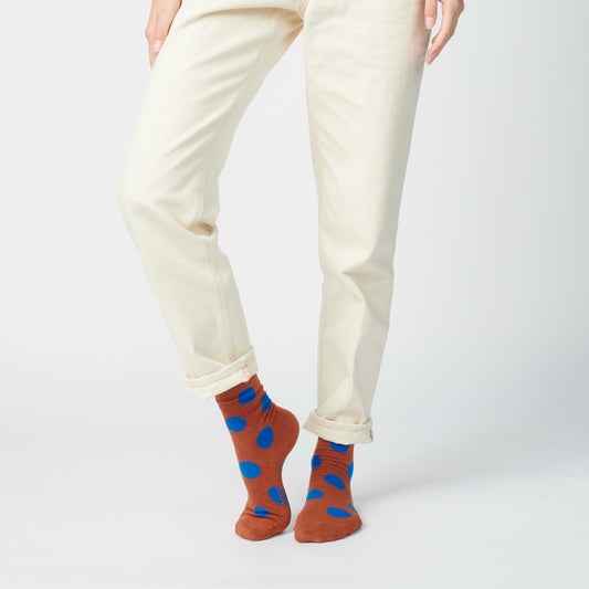 Panhandle Polka Dot Crew Socks, Brown and Blue: Small (Women's 4 - 10)