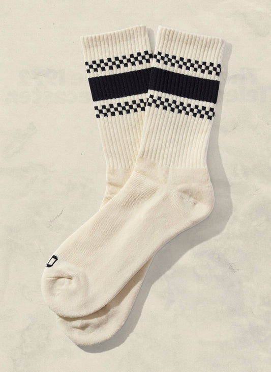 Checkerboard Striped Crew Socks: Eggshell