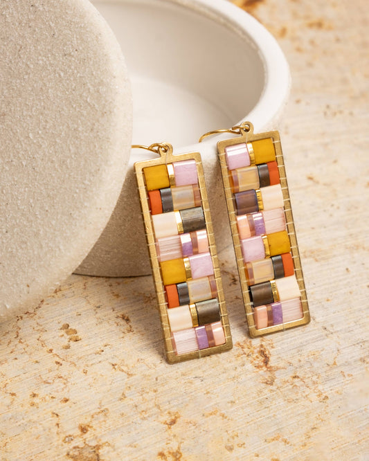 Mayana Designs Co - Beaded Handwoven Mosaic Tila and Brass Earrings (Lilac)