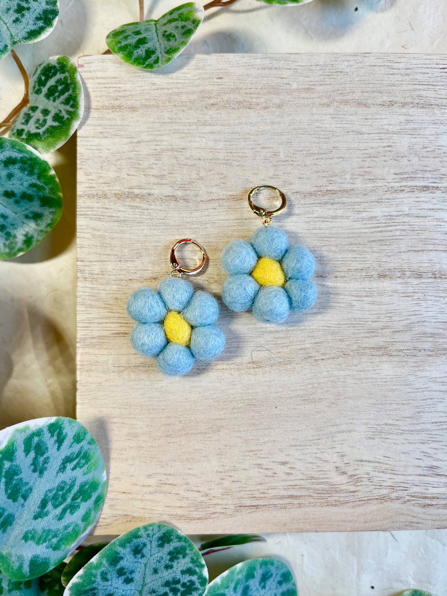 Mini Felted Daisy Earrings: Sea Green
