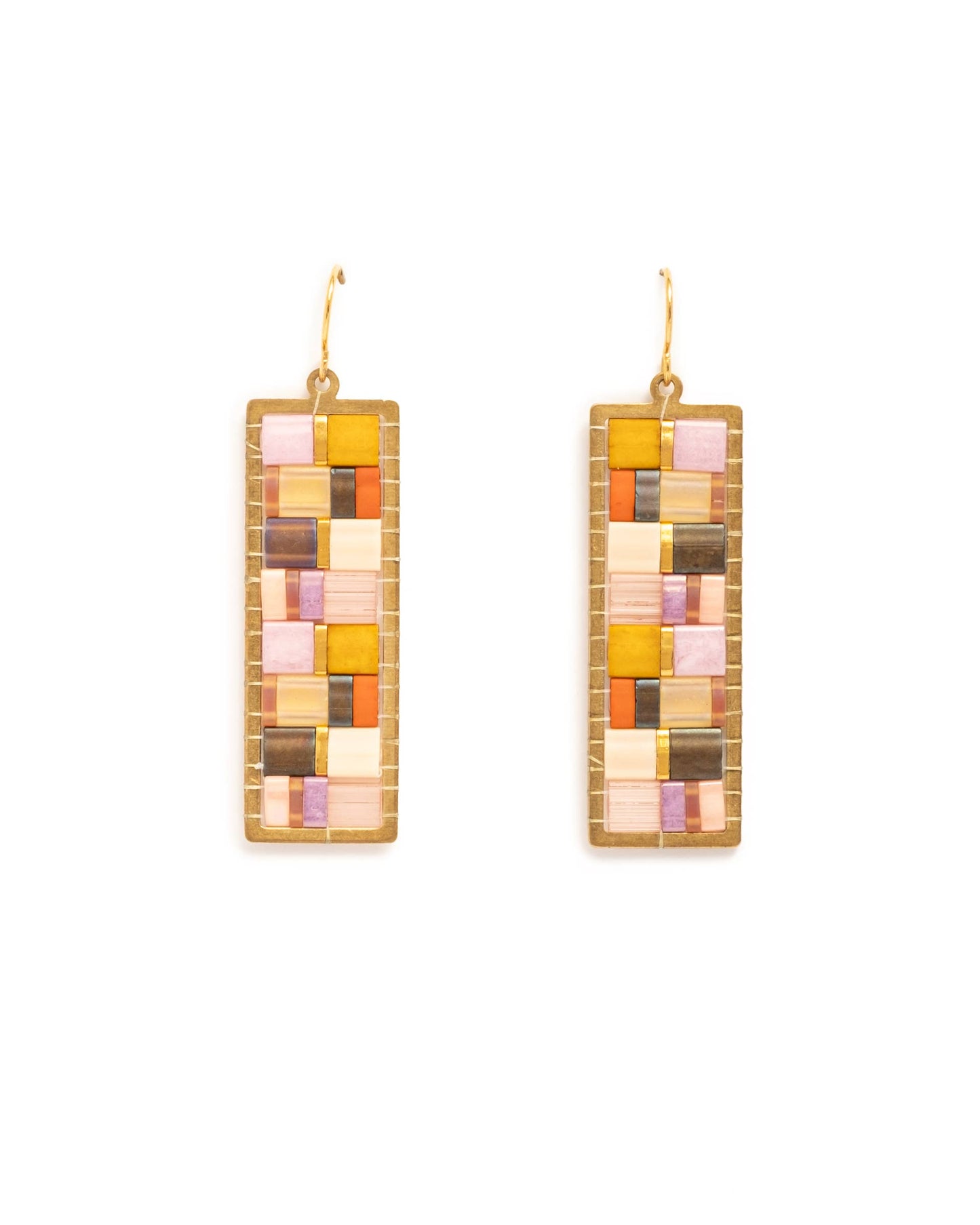 Mayana Designs Co - Beaded Handwoven Mosaic Tila and Brass Earrings (Green/Grey)