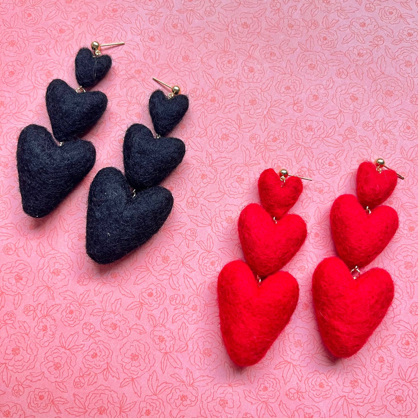 Three Tiered Heart Felt Dangle Earrings: Pink and Red