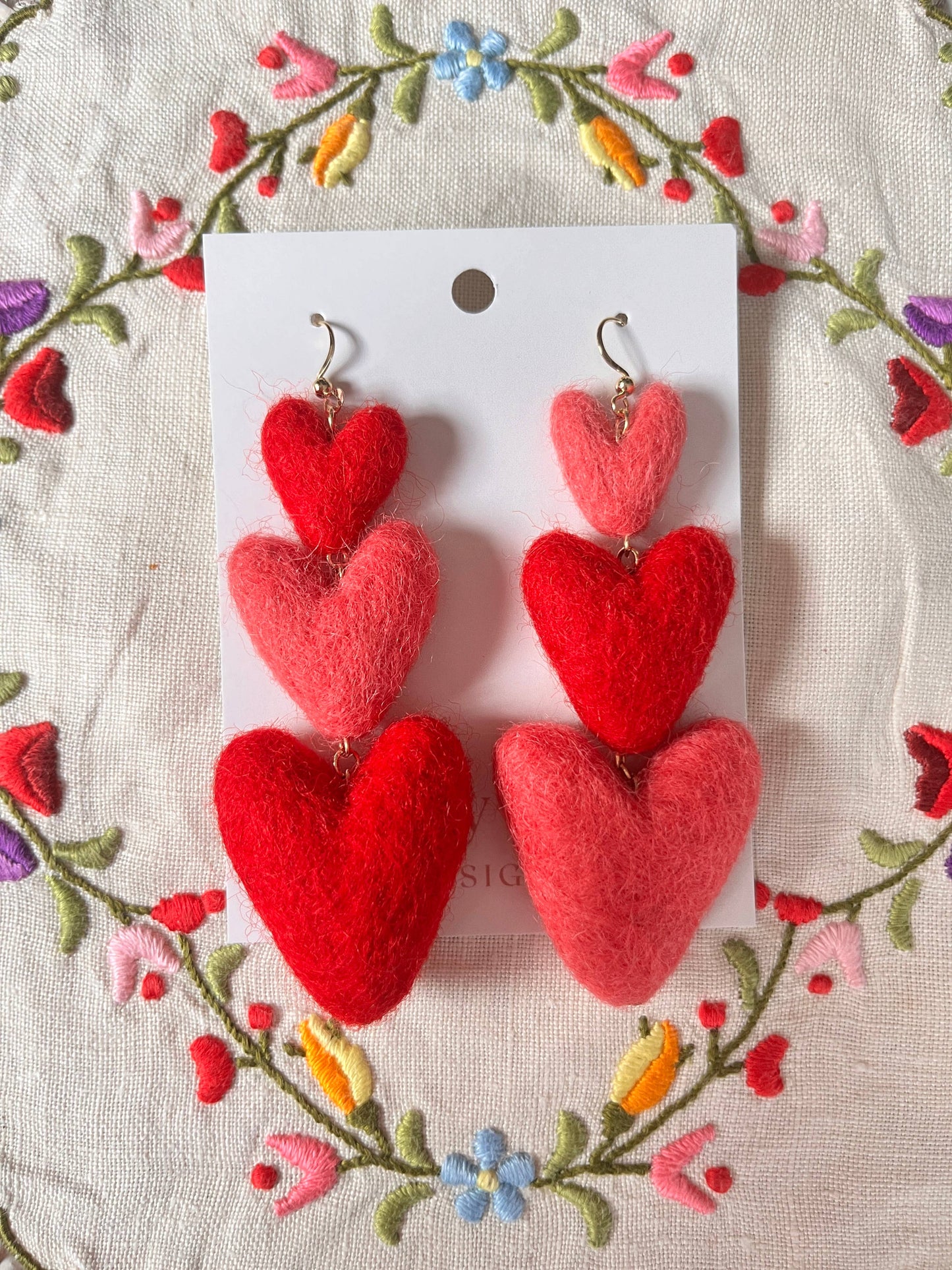 Three Tiered Heart Felt Dangle Earrings: Pink and Red