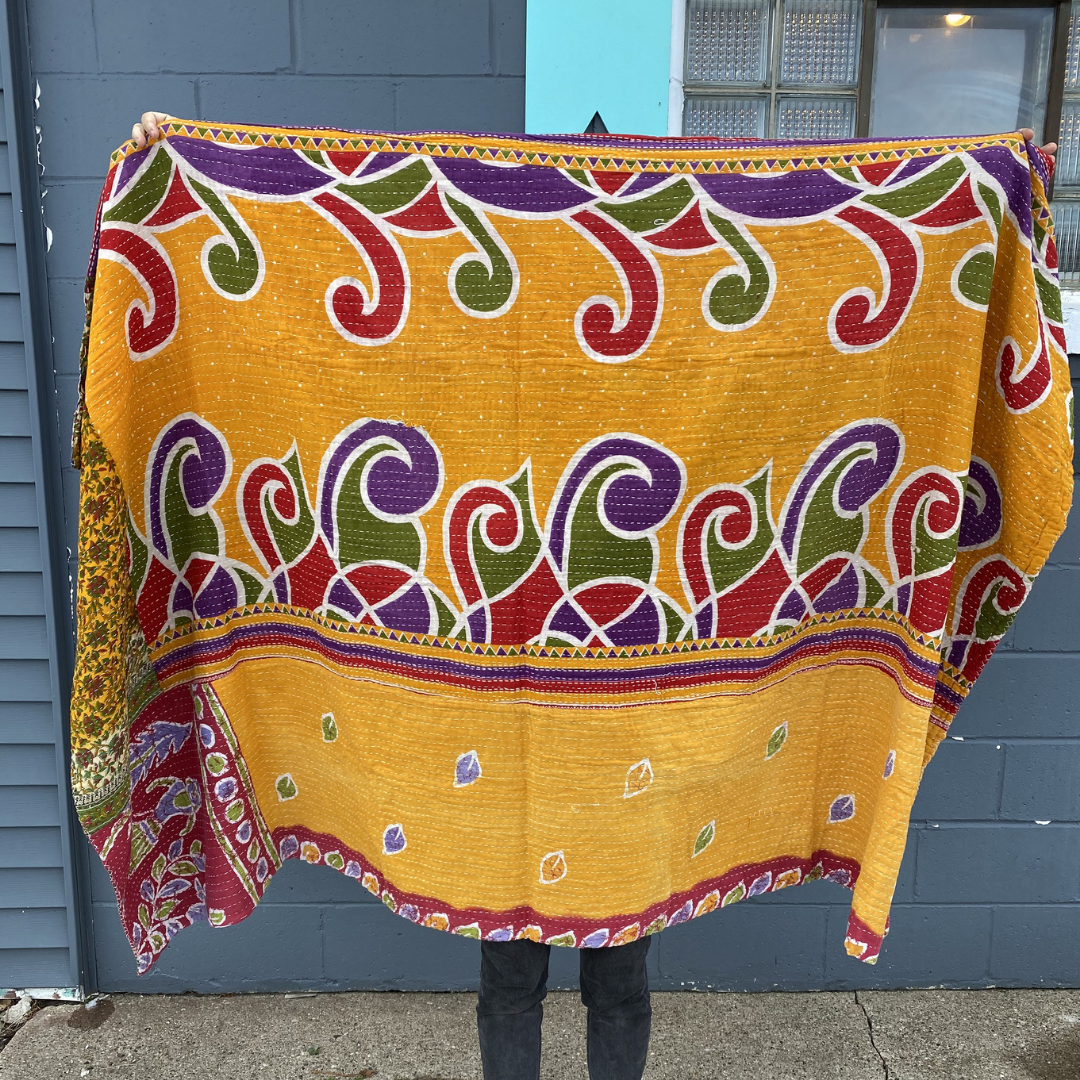 Seeds - Kantha Throw Blanket Quilt | Recycled Cotton Sari Unique