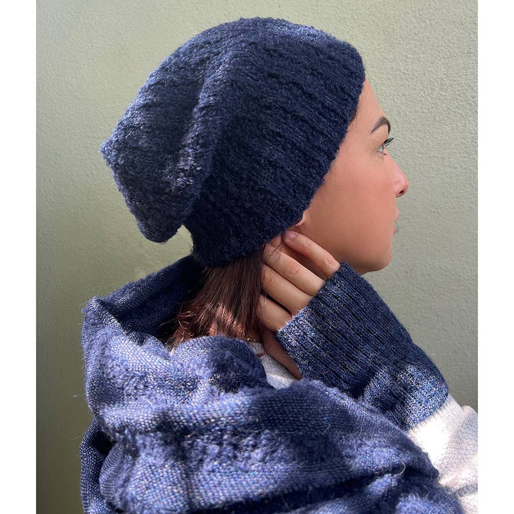 Navy Loop Knit Alpaca Beanie Hat