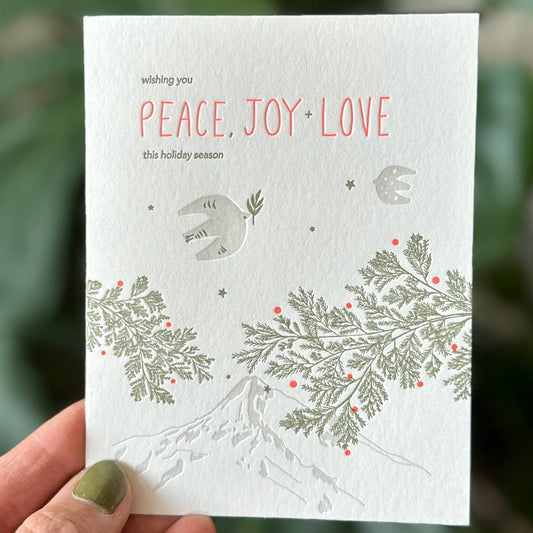 Peace Joy Love Doves and Holiday Branches Letterpress Card