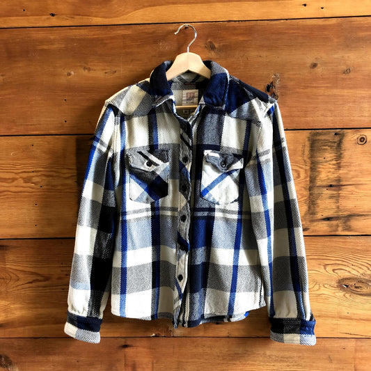 M - TOPO Designer White Black Blue Plaid Flannel Mountain Shirt Jacket 0816TB