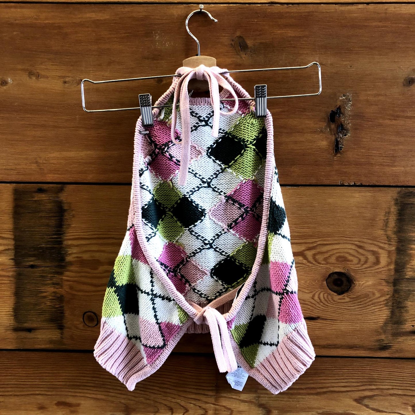 M - Ganni $144 Cotton Knit Pink Argyle Print Cropped Halter Tie Neck Top 1011SC