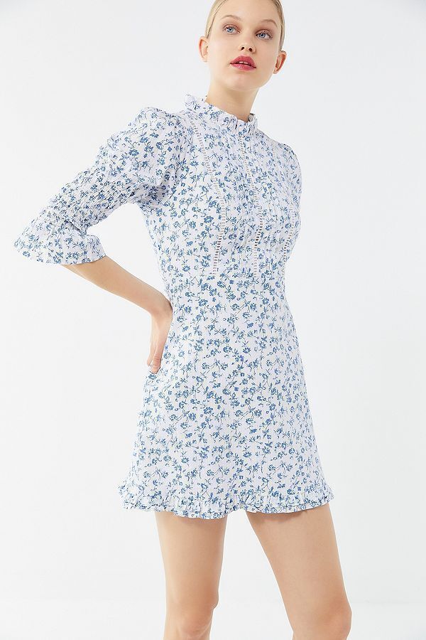 S - Laura Ashley X Urban Outfitters White Blue Floral Print Mini Dress 0425GN