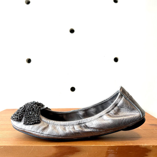 8 - Tory Burch Pewter Silver Crystal Bow Eddie Ballet Flats Shoes 1229MH