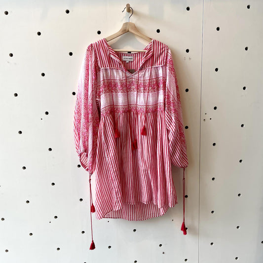 S / 38 - Antik Batik Pink Red Cotton V Neck Boho Midi Dress w/ Slip 0611AJ