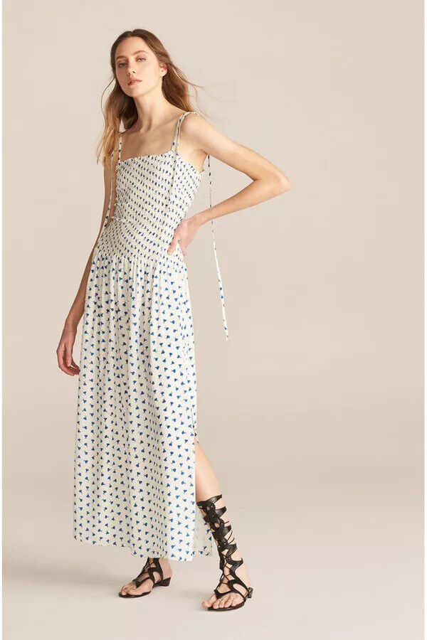 XL - Rebecca Taylor White & Blue Floral Patterned Smocked Emmy Dress NEW 0830EF
