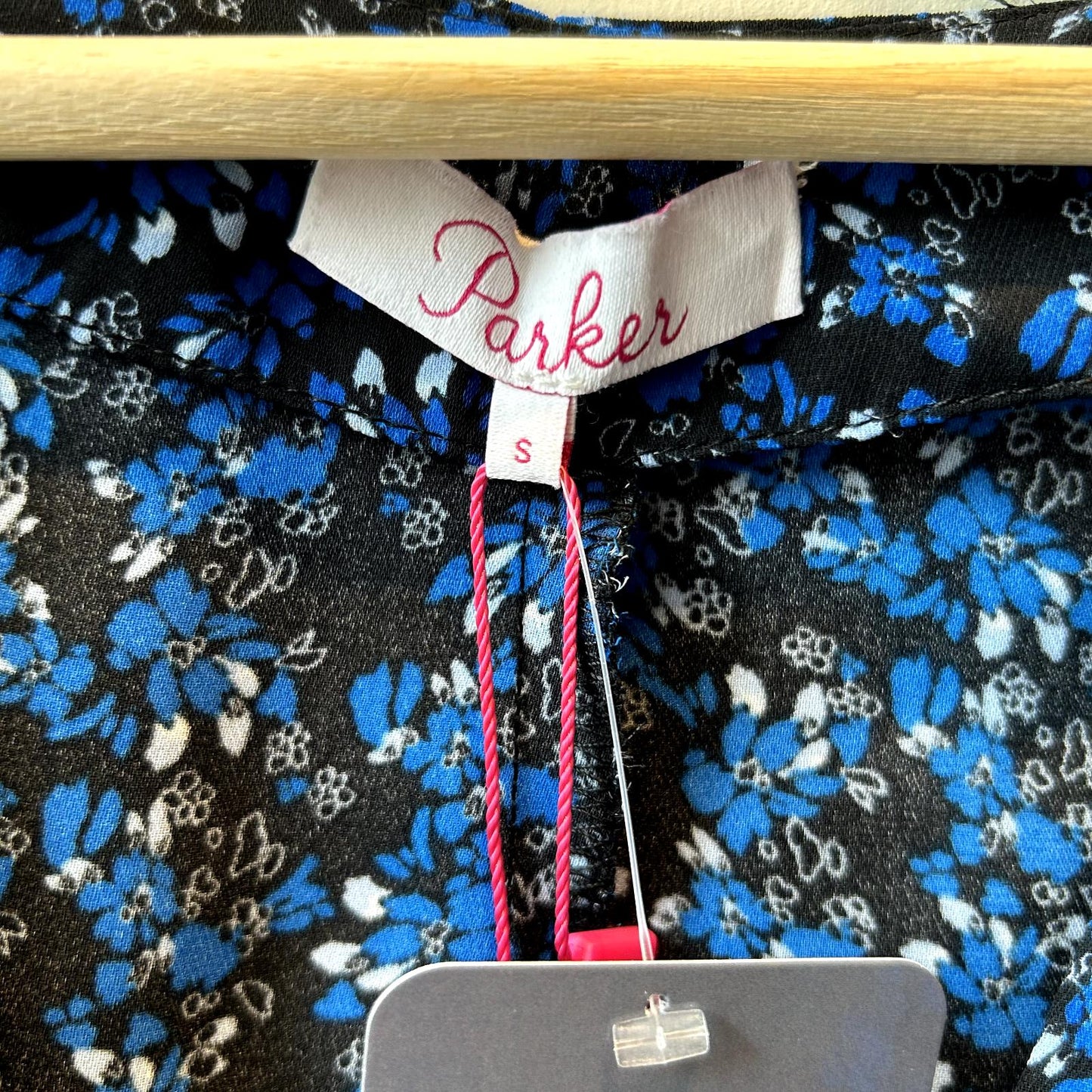 S - Parker $278 Black Blue Floral Print Long Sleeve Tie Front Jasmine Top 1126GT