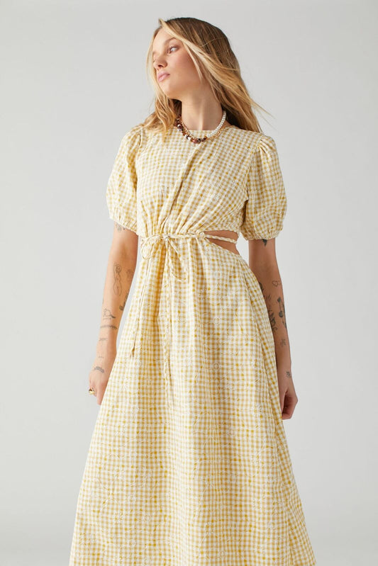 S - En Saisin NEW $125 Yellow White Gingham Open Back Kanika Maxi Dress 0410TG