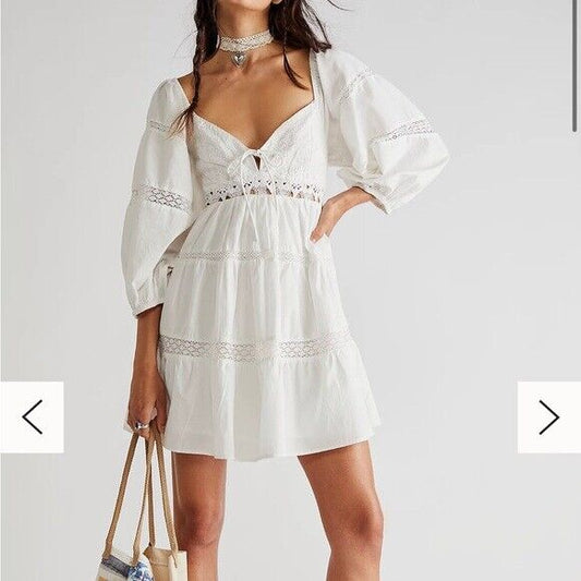 S - Free People NEW $168 White Embroidered All Mine Mini Dress 0410TG