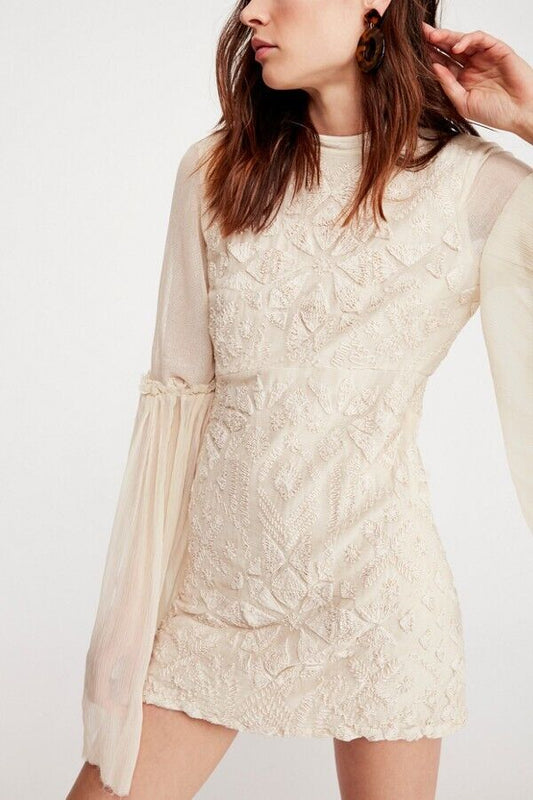 6 - Free People $300 Tea Cream Embroidered Sheer Sleeve Cleo Dress NEW 0818KC