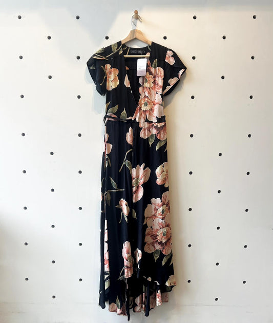 XS - Christy Dawn Black Pink Floral Print Wrap Maxi Dress 0312IG