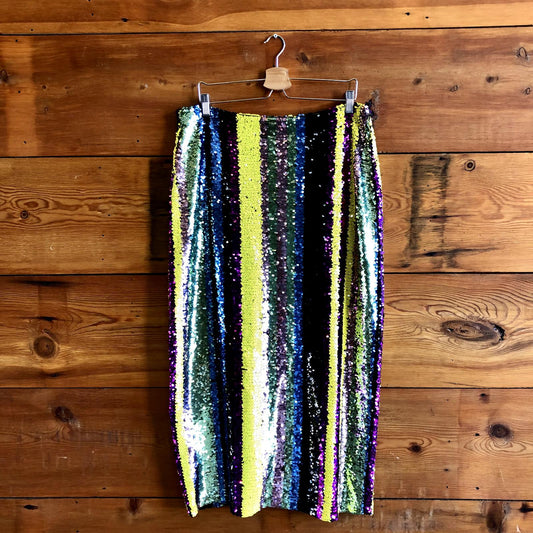 XL - Rdalamal Anthropologie Back Slit Sequined Striped Midi Skirt 1021EM