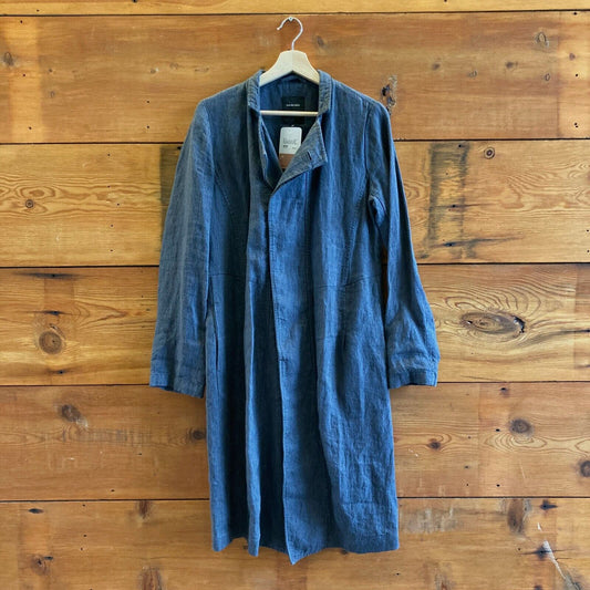 36 / S - Pas de Calais Dark Blue Linen Long Length Button Up Jacket 0514SU