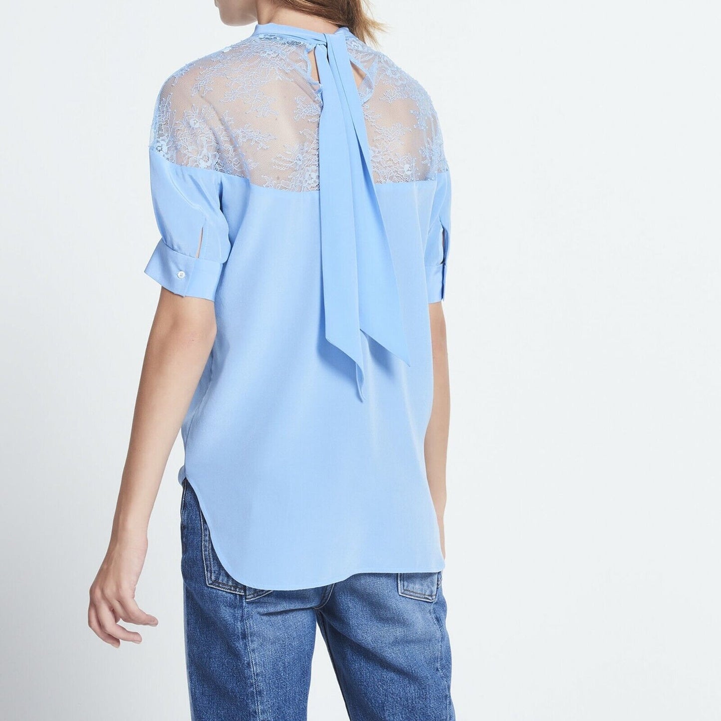 1 / S - Sandro Paris $295 Blue Lace Trim Silk Short Sleeve Blouse Top 1016LD