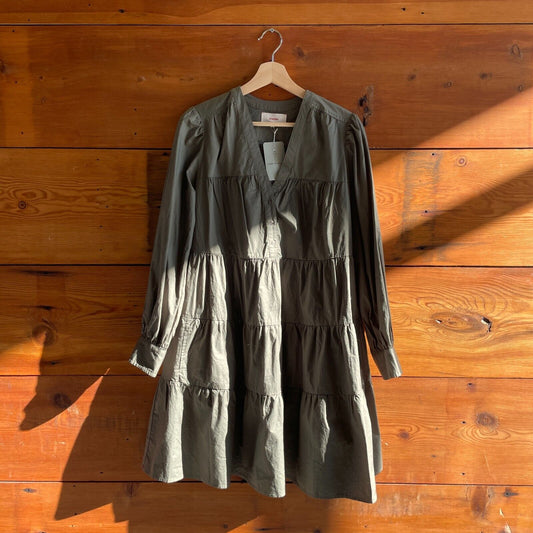 S - Xirena $290 Olive Green Tallulah Tiered Ruched Shirt Dress NEW 1011MP