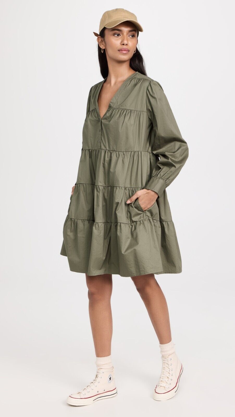 S - Xirena $290 Olive Green Tallulah Tiered Ruched Shirt Dress NEW 1011MP