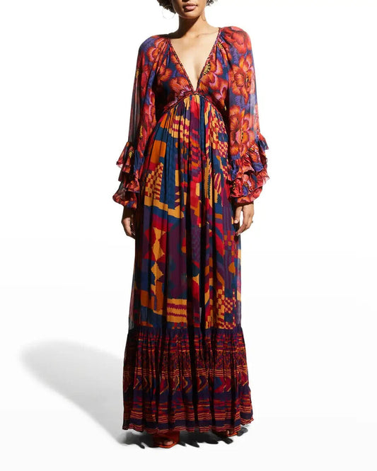 S - Farm Rio Red Blue Mix Print NEW $315 Patches Maxi Dress 1029SB