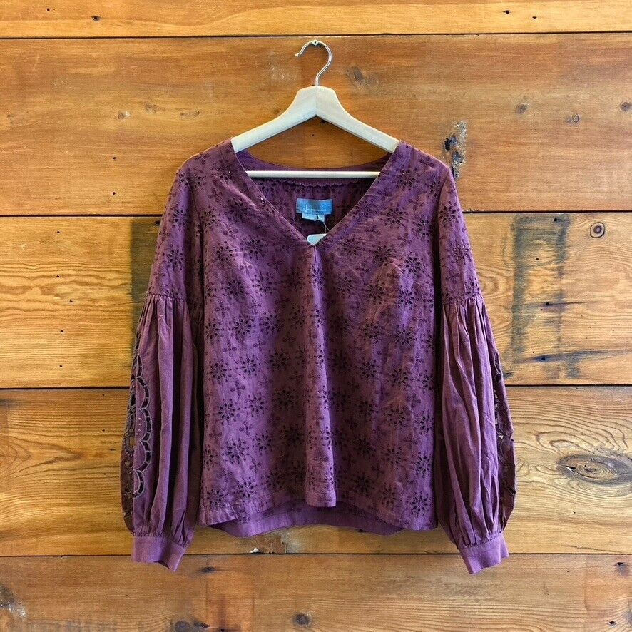 XS - by Anthropologie Brown NEW $148 Embroidered Eyelet Long Sleeve Shirt 1213SM