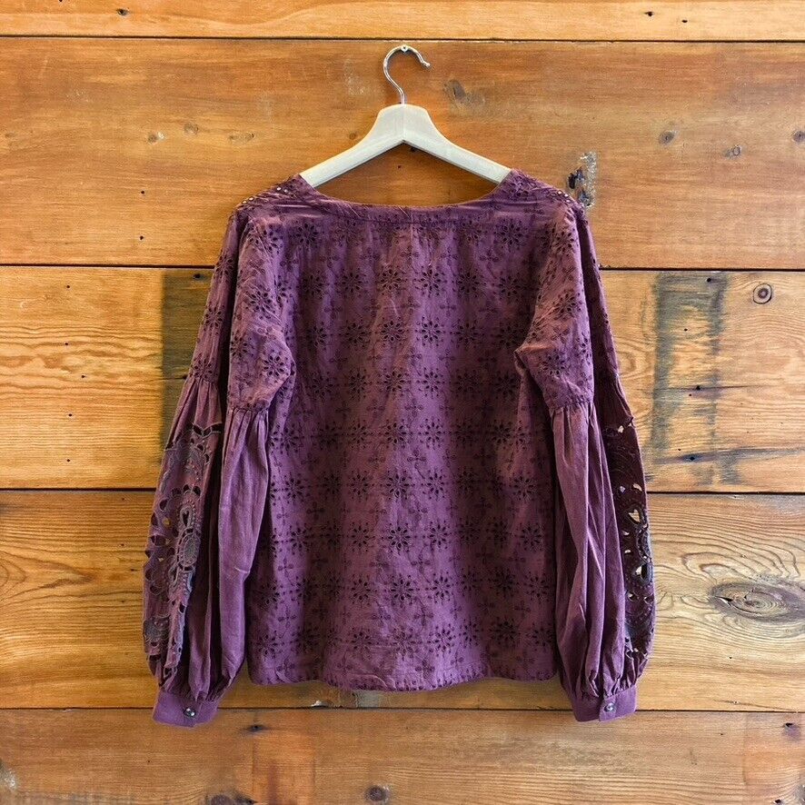 XS - by Anthropologie Brown NEW $148 Embroidered Eyelet Long Sleeve Shirt 1213SM