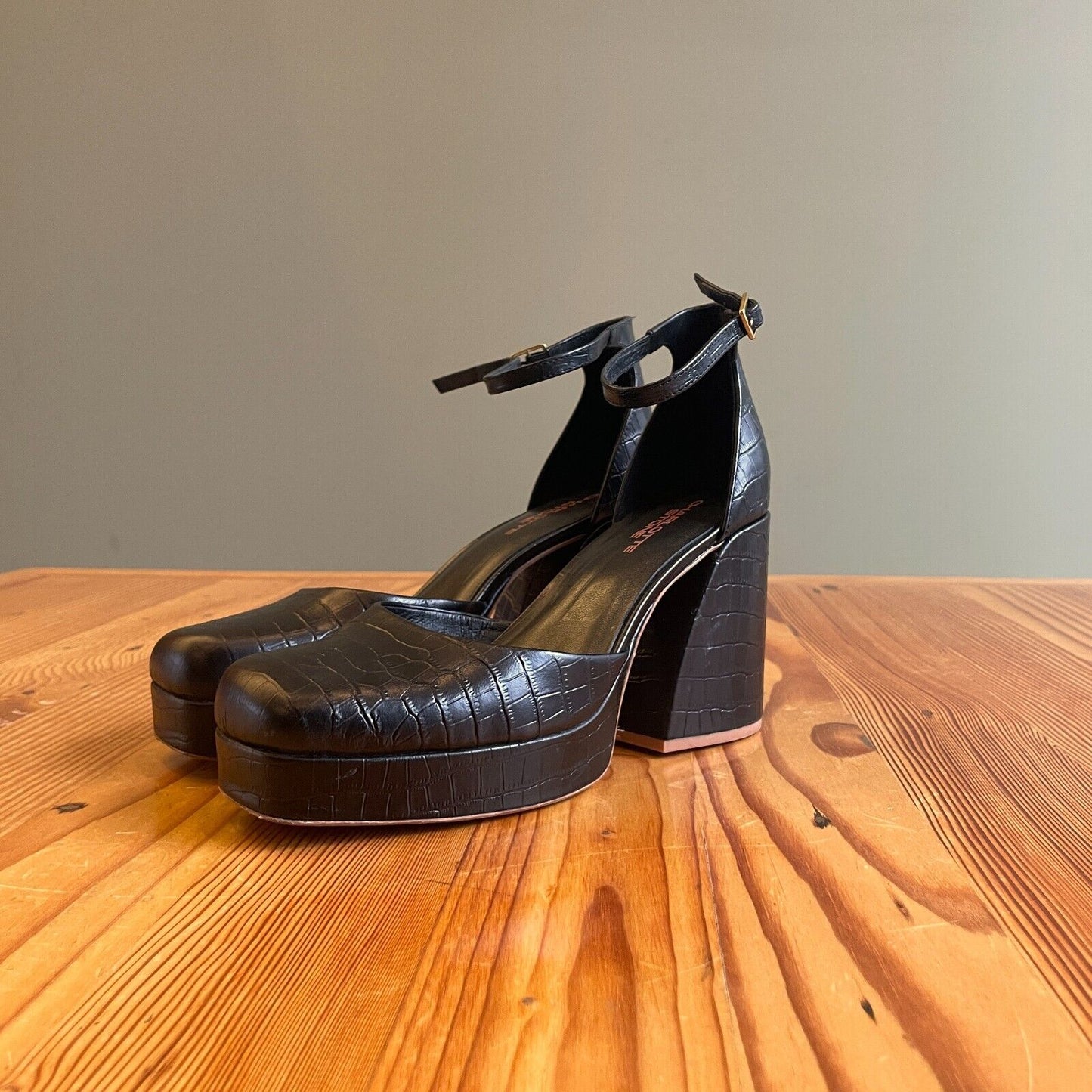 10 - Charlotte Stone Black Fran Sculpted Heel Ankle Strap Platform Shoes 0628AC