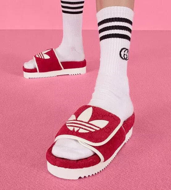 37 / 7 - GUCCI Adidas Red Terry Cloth Platform Slide Sandals NEW w/ Box 0707MU