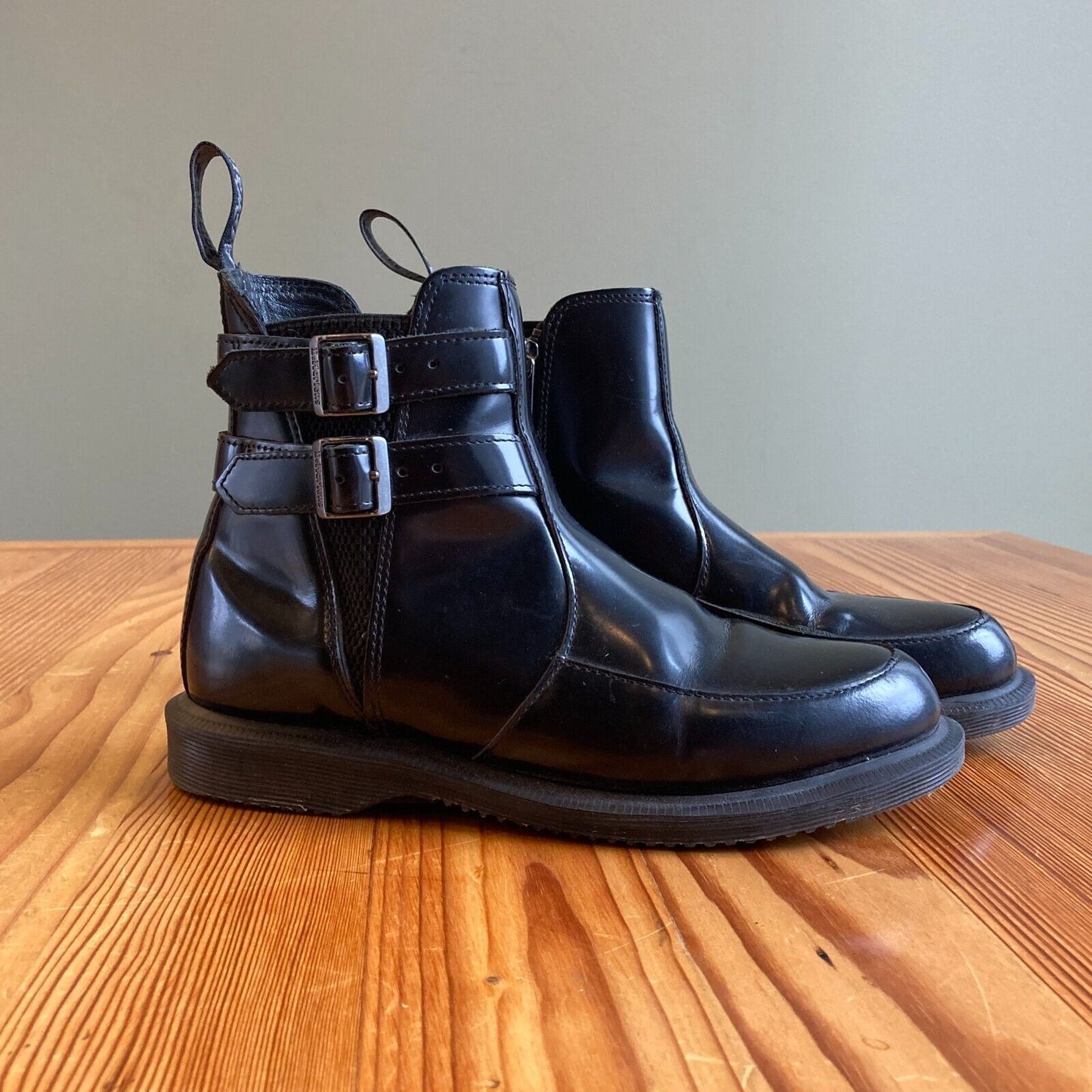 6 US - Dr. Martens Black Patent Leather Flora II Buckle Cherry Boots 0302KW