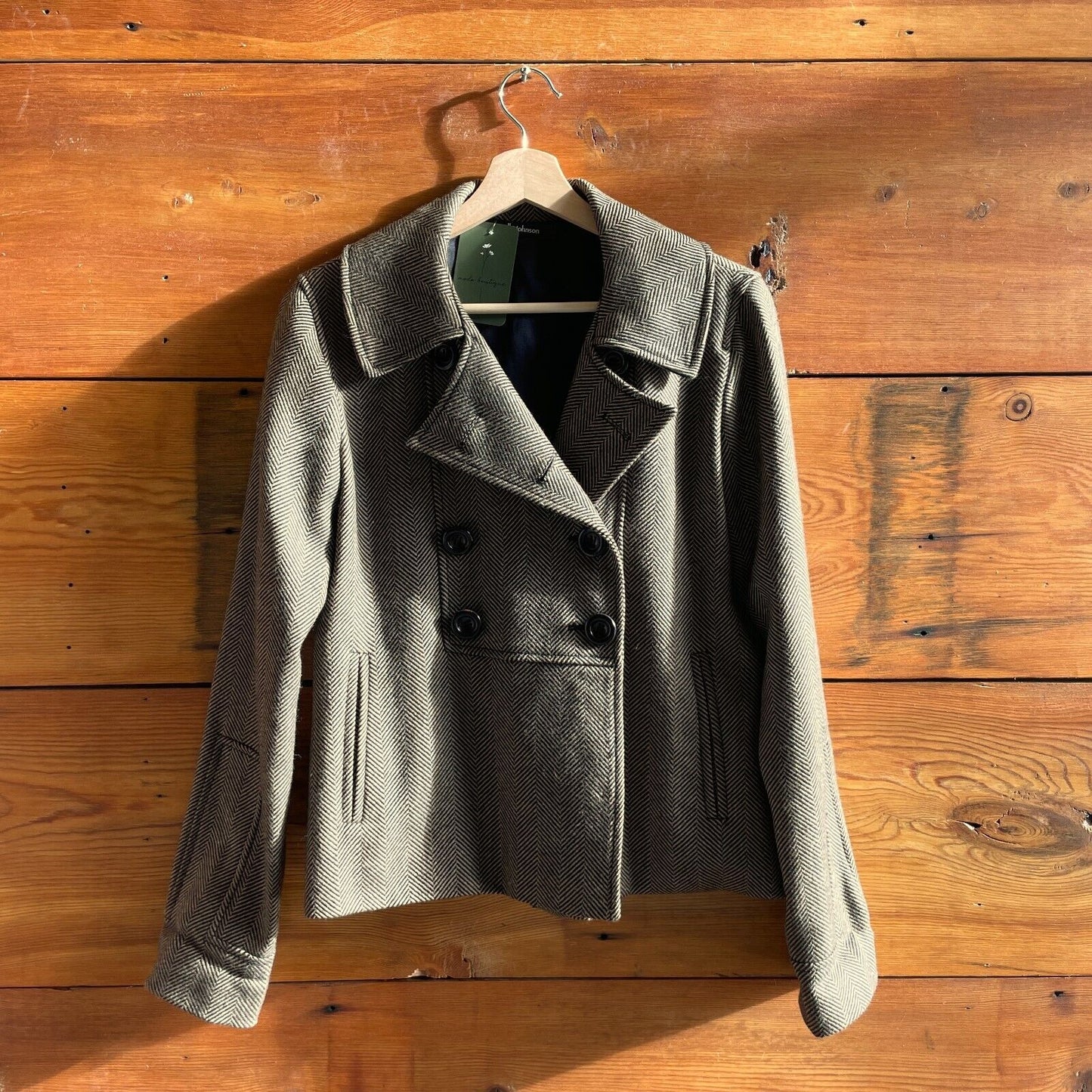 M - Ulla Johnson Black Tan Double Breasted Wool Herringbone Jacket 0127RS