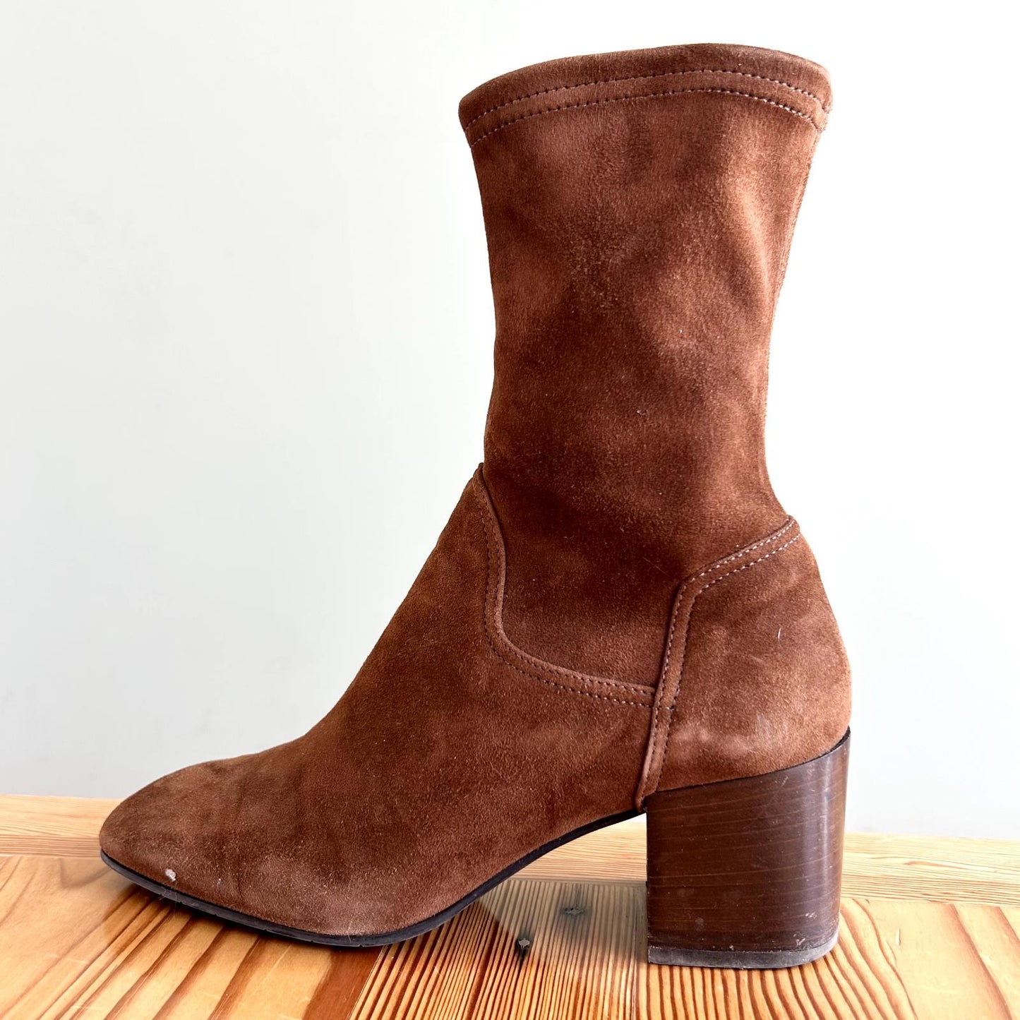 8 - Aquatalia Brown Carie Stretch Suede Stacked Heel Boots w/ Box 0510AY