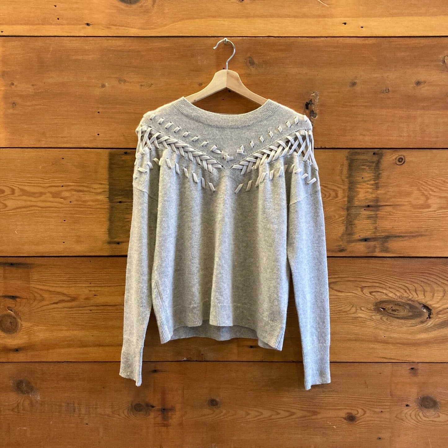 S - White + Warren Light Gray 100% Cashmere Stitched Pullover Sweater 0204AB