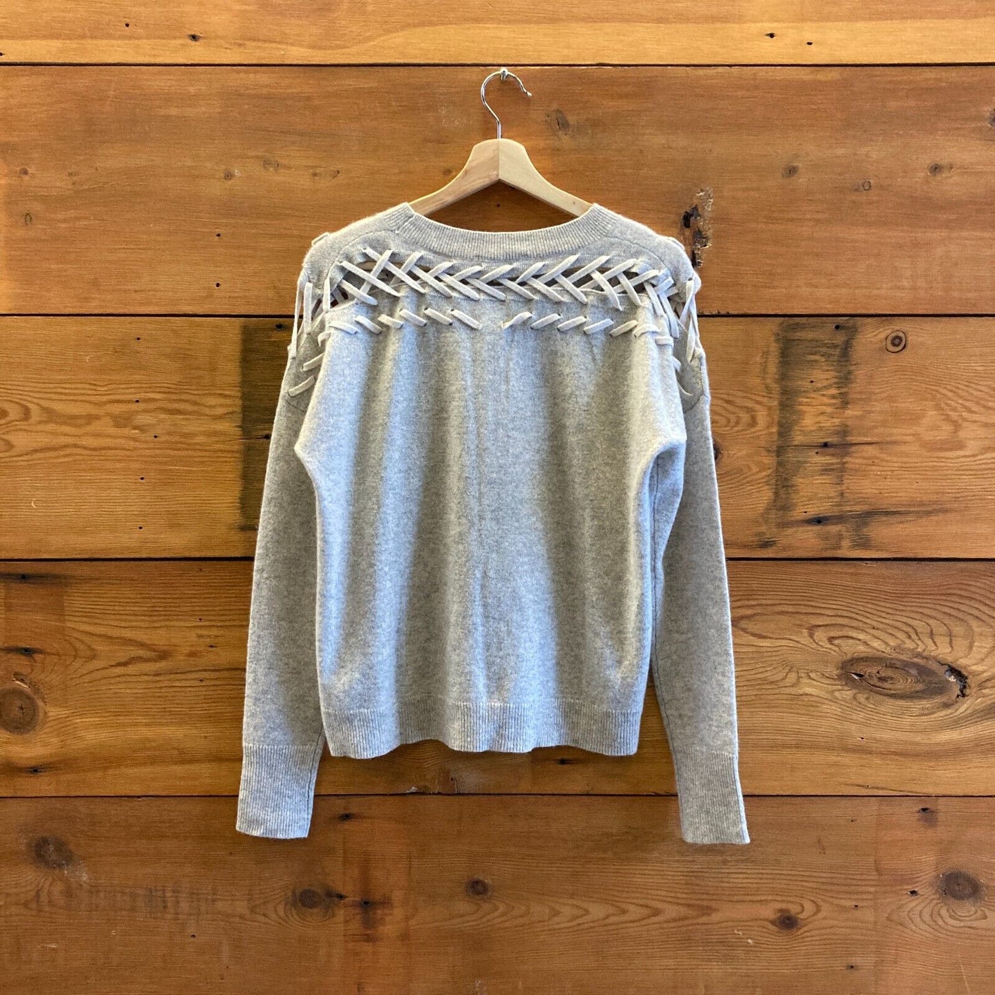 S - White + Warren Light Gray 100% Cashmere Stitched Pullover Sweater 0204AB