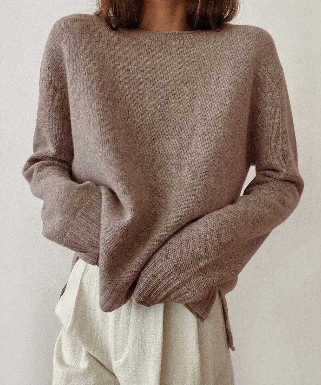 S - Jenni Kayne Taupe Brown $195 Wool Cashmere Pullover Everyday Sweater 0223LA