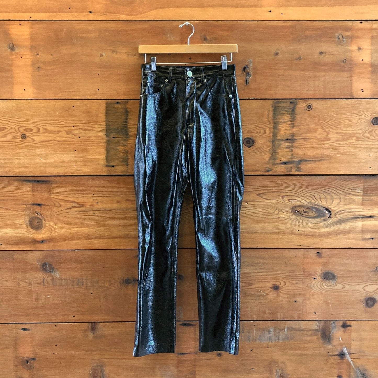 S - Frankie Shop Black Patent Faux Leather Womens Straight Leg Pants 1030SF