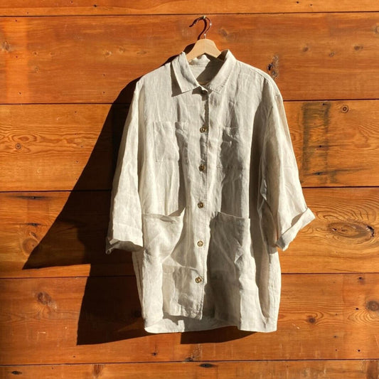 M - Esby Oatmeal 100% Linen Oversized Button Up Short Sleeve Shirt 0815CJ