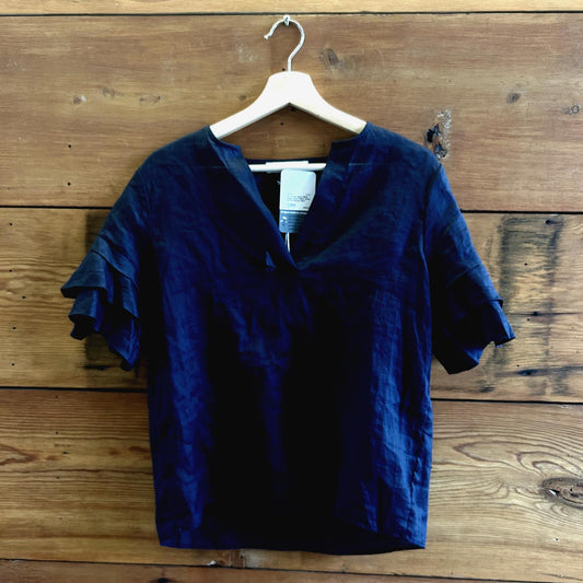 S - Frame Navy NEW $298 Tiered Short Sleeve Ruffle Blouse Shirt 0425KN