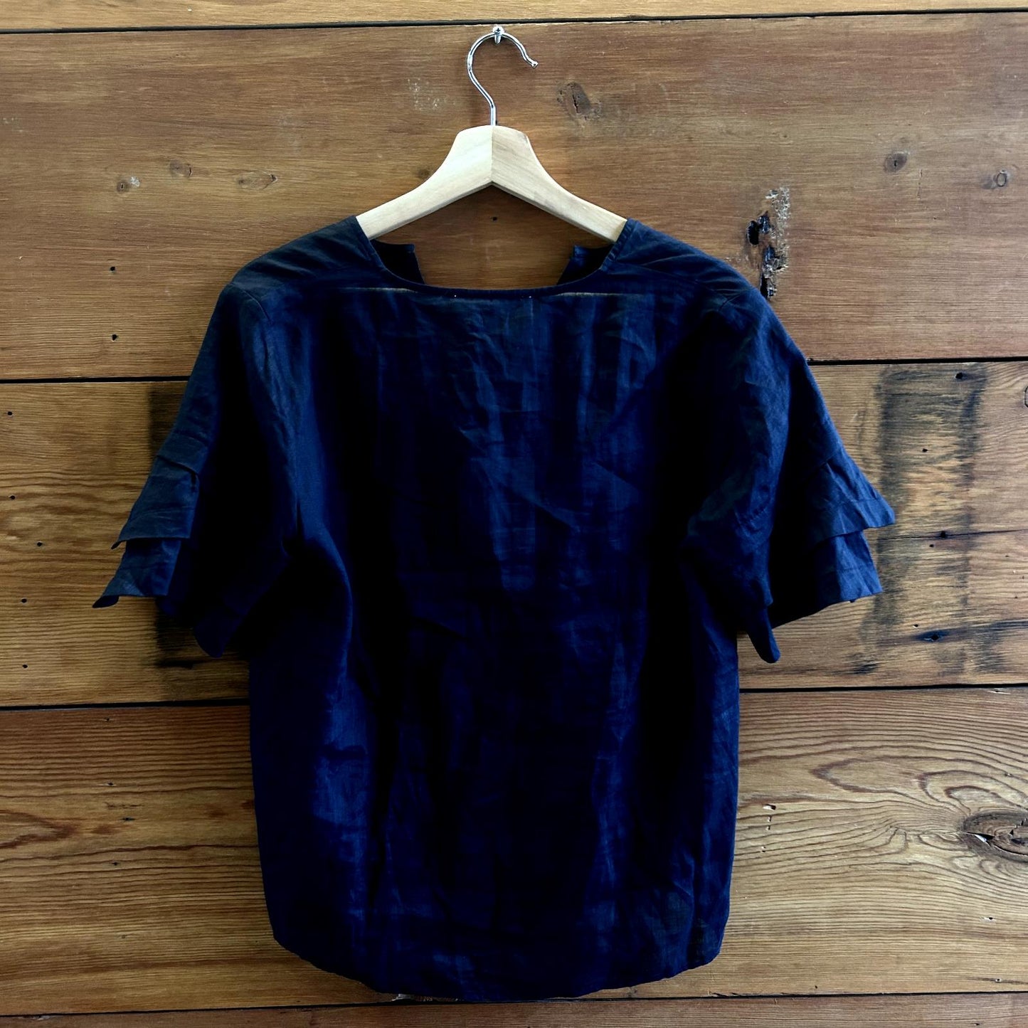 S - Frame Navy NEW $298 Tiered Short Sleeve Ruffle Blouse Shirt 0425KN