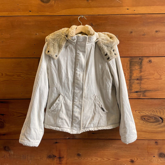 L - Hemp Hoodlamb Off White Faux Fur Zip Up Heavy Chore Coat 0617RF