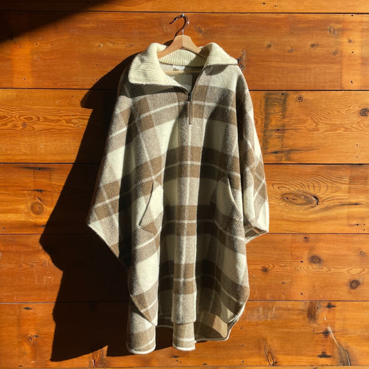 OS - Basin and Range Brown & White Plaid Wool Blend Poncho 0107NE