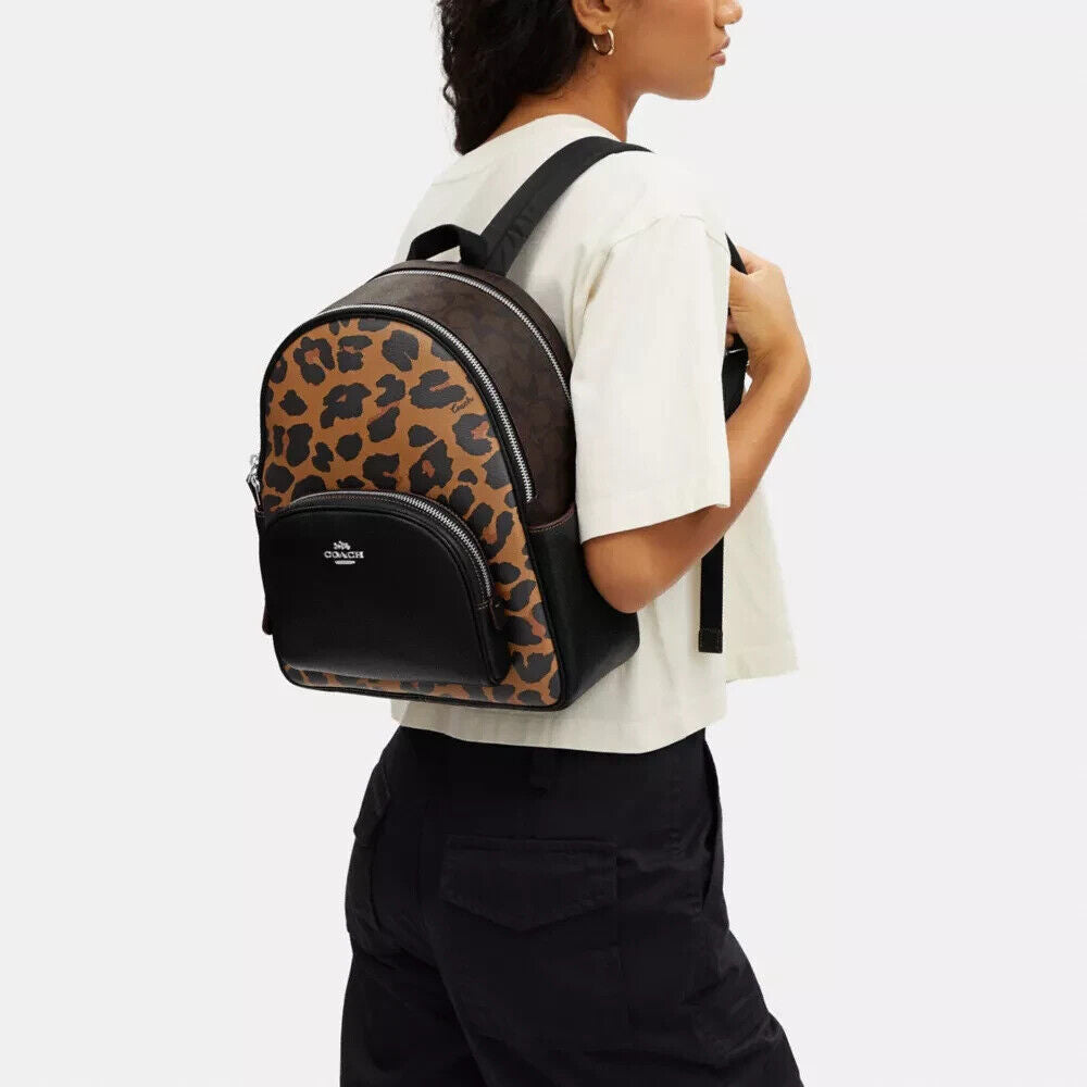 Coach Black Leopard Print Signature Canvas Mini Court Backpack 1026KS