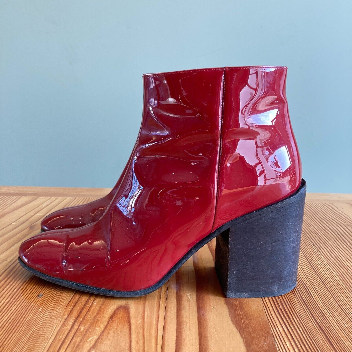 38 / 8 - Acne Studios Red Patent Leather Stacked Heel Ankle Booties Boots 1030SF